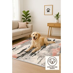 Soyut Desenli Modern Halı – Somon, Gri, Krem Ve Antrasit Tonlar – Makinede Yıkanabilir, Toz Tutmaz, Kaymaz Taban, Evcil Hayvan Dostu