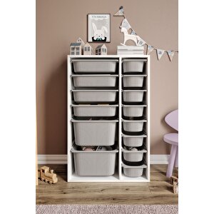 %100 Mdf - Large Duo 14 Sepetli Oyuncak Dolabı Gri-beyaz