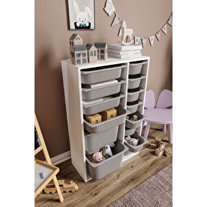 %100 Mdf - Large Duo 14 Sepetli Oyuncak Dolabı Gri-beyaz