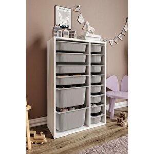 %100 Mdf - Large Duo 14 Sepetli Oyuncak Dolabı Gri-beyaz