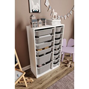 %100 Mdf - Large Duo 14 Sepetli Oyuncak Dolabı Gri-beyaz