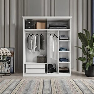 Li̇ne 4 Kapakli Bazali Gardirop Tamami Mdf, Beyaz Beyaz