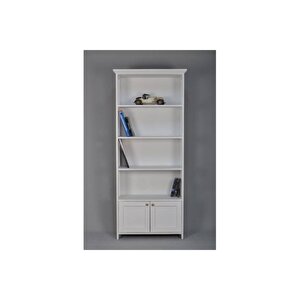 Ahşap Raflı Dolaplı Masif Beyaz Lake Kitaplık