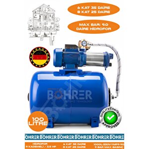 8 Kat 25 Daire - 6 Kat 35 Daire Yüksek Basınçlı 3.5 Hp 100l Yatay Genleşme Tanklı Bina Bahçe Hidroforu