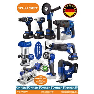 Alman 9 Makine Kombo Set Ba01093m 4 Akülü 2 Şarjlı Kömürsüz V598 5ah Profesyonel - Blue Mavi̇