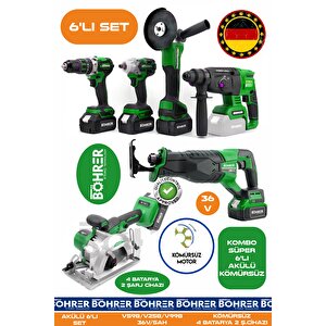 Alman Ba01086y 4 Akülü 2 Şarjlı Kömürsüz V598 5ah Profesyonel 6 Makine Kombo Set - Yeşi̇l Green
