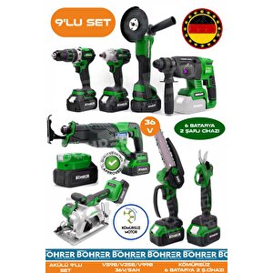 Alman Ba01081y 6 Akülü 2 Şarjlı Kömürsüz V598 5ah Profesyonel 9 Makine Kombo Set - Yeşi̇l Green