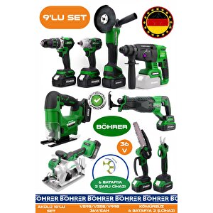 Alman 9 Makine Kombo Set Ba01083y 6 Akülü 2 Şarjlı Kömürsüz V598 5ah Profesyonel -green Yeşi̇l