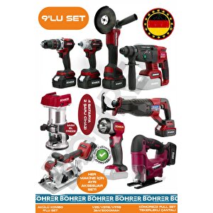 Alman 9 Makine Kombo Set Ba01093k 4 Akülü 2 Şarjlı Kömürsüz V598 5ah Profesyonel - Red Kirmizi