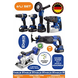 Alman Ba01087m 6 Akülü 3 Şarjlı Kömürsüz V598 5ah Profesyonel 6 Makine Kombo Set - Blue Mavi̇