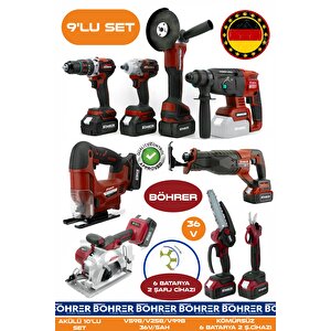 Alman 9 Makine Kombo Set Ba01083k 6 Akülü 2 Şarjlı Kömürsüz V598 5ah Profesyonel - Red Kirmizi