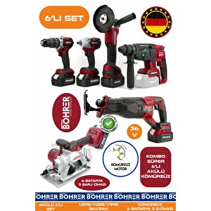 Alman Ba01087k 6 Akülü 3 Şarjlı Kömürsüz V598 5ah Profesyonel 6 Makine Kombo Set - Red Kirmizi