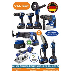 Alman Ba01081m 6 Akülü 2 Şarjlı Kömürsüz V598 5ah Profesyonel 9 Makine Kombo Set - Blue Mavi̇