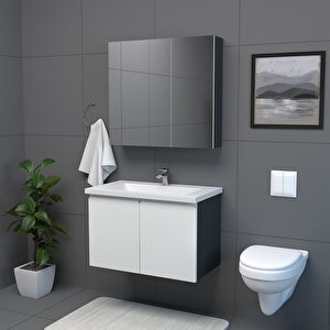 Zürih 80 Cm Mdf Gövde Membran Kapak Banyo Dolabı Seti Antrasit Beyaz