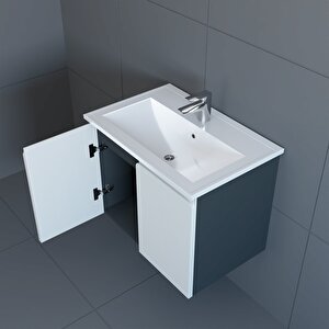 Zürih 80 Cm Mdf Gövde Membran Kapak Banyo Dolabı Seti Antrasit Beyaz