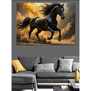 Koşan Güçlü Siyah At Dekoratif Kanvas - Mdf Ahşap Tablo 70x100 cm