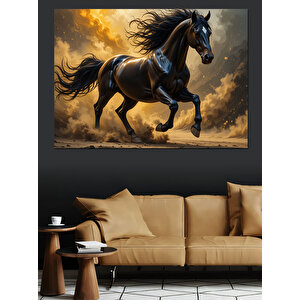 Koşan Güçlü Siyah At Dekoratif Kanvas - Mdf Ahşap Tablo 70x100 cm
