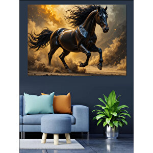 Koşan Güçlü Siyah At Dekoratif Kanvas - Mdf Ahşap Tablo 70x100 cm