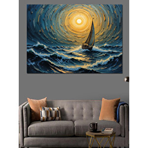 Altın Deniz Ve Yelkenli Dekoratif Kanvas - Mdf Ahşap Tablo 50x70 cm