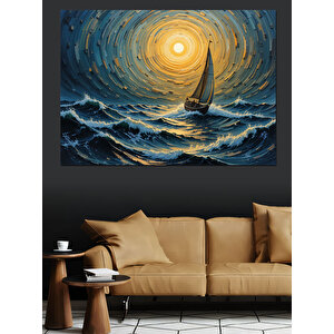 Altın Deniz Ve Yelkenli Dekoratif Kanvas - Mdf Ahşap Tablo 100x140 cm