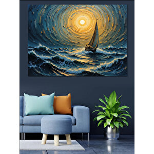 Altın Deniz Ve Yelkenli Dekoratif Kanvas - Mdf Ahşap Tablo 100x140 cm