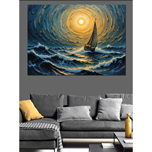 Altın Deniz Ve Yelkenli Dekoratif Kanvas - Mdf Ahşap Tablo