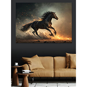Koşan Siyah Güçlü At Dekoratif Kanvas - Mdf Ahşap Tablo 70x100 cm