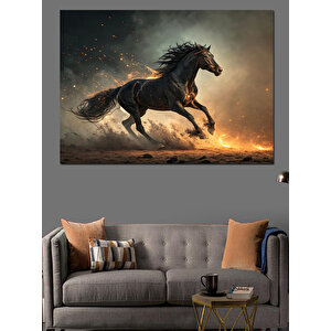 Koşan Siyah Güçlü At Dekoratif Kanvas - Mdf Ahşap Tablo 70x100 cm