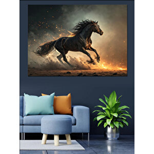 Koşan Siyah Güçlü At Dekoratif Kanvas - Mdf Ahşap Tablo 35x50 cm