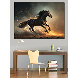 Koşan Siyah Güçlü At Dekoratif Kanvas - Mdf Ahşap Tablo