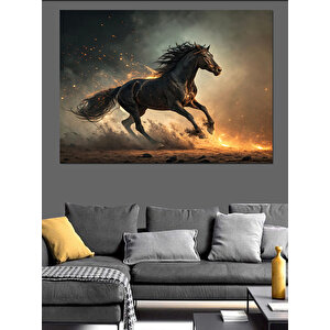 Koşan Siyah Güçlü At Dekoratif Kanvas - Mdf Ahşap Tablo