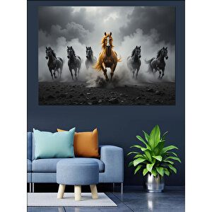 Dört Süvari Atı Karanlıkta Dekoratif Kanvas - Mdf Ahşap Tablo