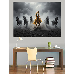 Dört Süvari Atı Karanlıkta Dekoratif Kanvas - Mdf Ahşap Tablo 100x140 cm