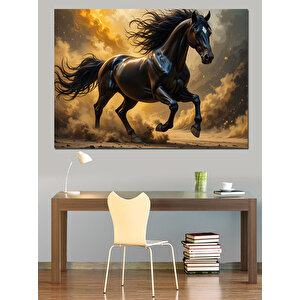 Koşan Güçlü Siyah At Dekoratif Kanvas - Mdf Ahşap Tablo