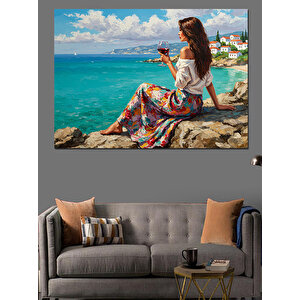 Deniz Kenarı Renkli Kadın Dekoratif Kanvas - Mdf Ahşap Tablo 35x50 cm
