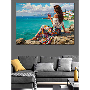 Deniz Kenarı Renkli Kadın Dekoratif Kanvas - Mdf Ahşap Tablo 35x50 cm