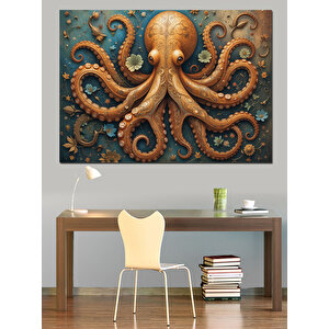 Turuncu Ahtapot Deniz Canlısı Dekoratif Kanvas - Mdf Ahşap Tablo 100x140 cm