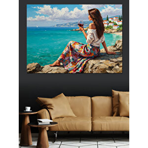 Deniz Kenarı Renkli Kadın Dekoratif Kanvas - Mdf Ahşap Tablo