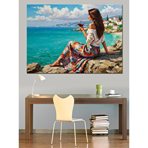 Deniz Kenarı Renkli Kadın Dekoratif Kanvas - Mdf Ahşap Tablo 70x100 cm