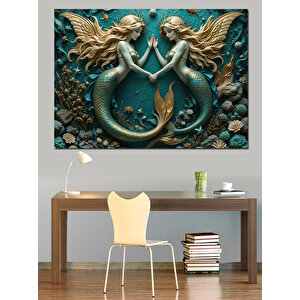 İkiz Deniz Kızları Dekoratif Kanvas - Mdf Ahşap Tablo 100x140 cm