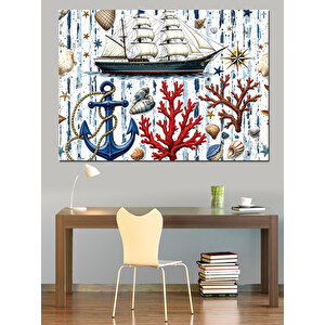 Yelkenli Ve Deniz Kabukları Dekoratif Kanvas - Mdf Ahşap Tablo 70x100 cm