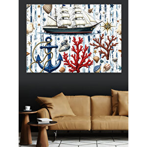 Yelkenli Ve Deniz Kabukları Dekoratif Kanvas - Mdf Ahşap Tablo