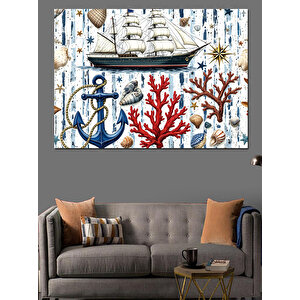 Yelkenli Ve Deniz Kabukları Dekoratif Kanvas - Mdf Ahşap Tablo 100x140 cm