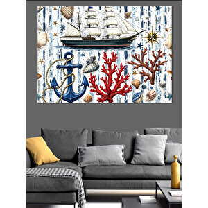 Yelkenli Ve Deniz Kabukları Dekoratif Kanvas - Mdf Ahşap Tablo 100x140 cm