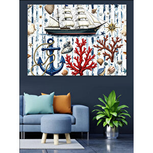 Yelkenli Ve Deniz Kabukları Dekoratif Kanvas - Mdf Ahşap Tablo