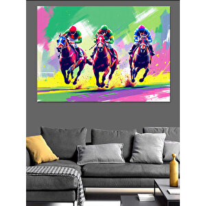 Renkli Yarışan Atlı Siluetler Dekoratif Kanvas - Mdf Ahşap Tablo 70x100 cm