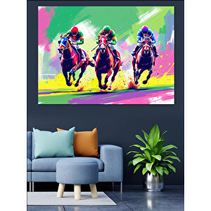 Renkli Yarışan Atlı Siluetler Dekoratif Kanvas - Mdf Ahşap Tablo