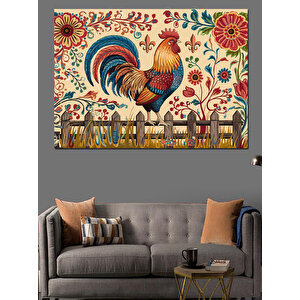 Halk Motifli Renkli Horoz Dekoratif Kanvas - Mdf Ahşap Tablo 100x140 cm