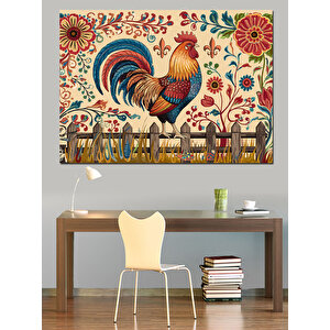 Halk Motifli Renkli Horoz Dekoratif Kanvas - Mdf Ahşap Tablo 100x140 cm