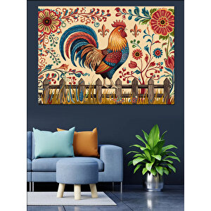 Halk Motifli Renkli Horoz Dekoratif Kanvas - Mdf Ahşap Tablo